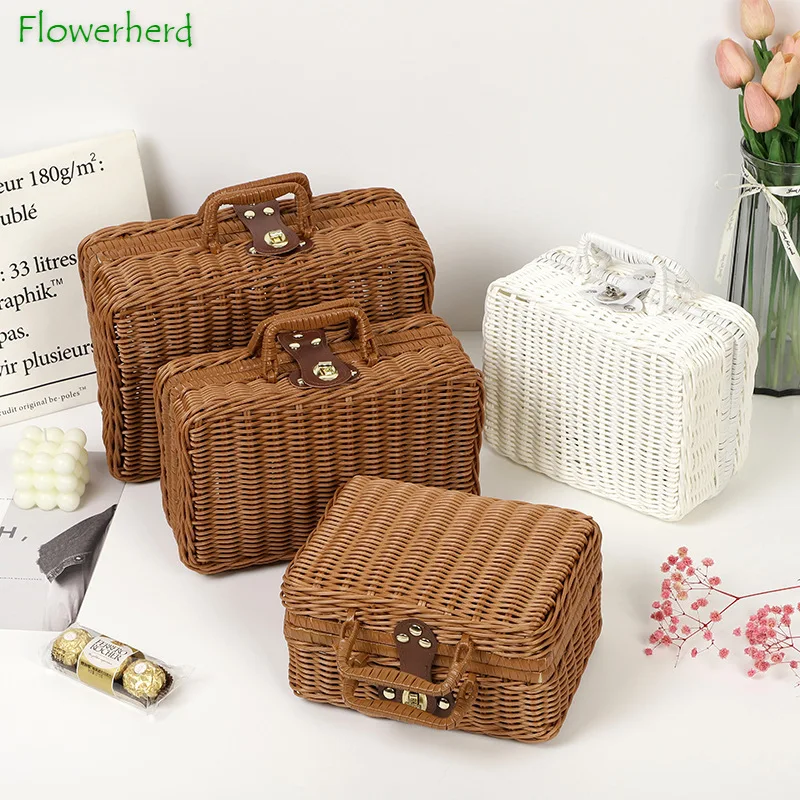 

Handmade Imitation Rattan Storage Box Prop Box Finishing Box Picnic Basket Suitcase Retro Woven Box Storage Organizer