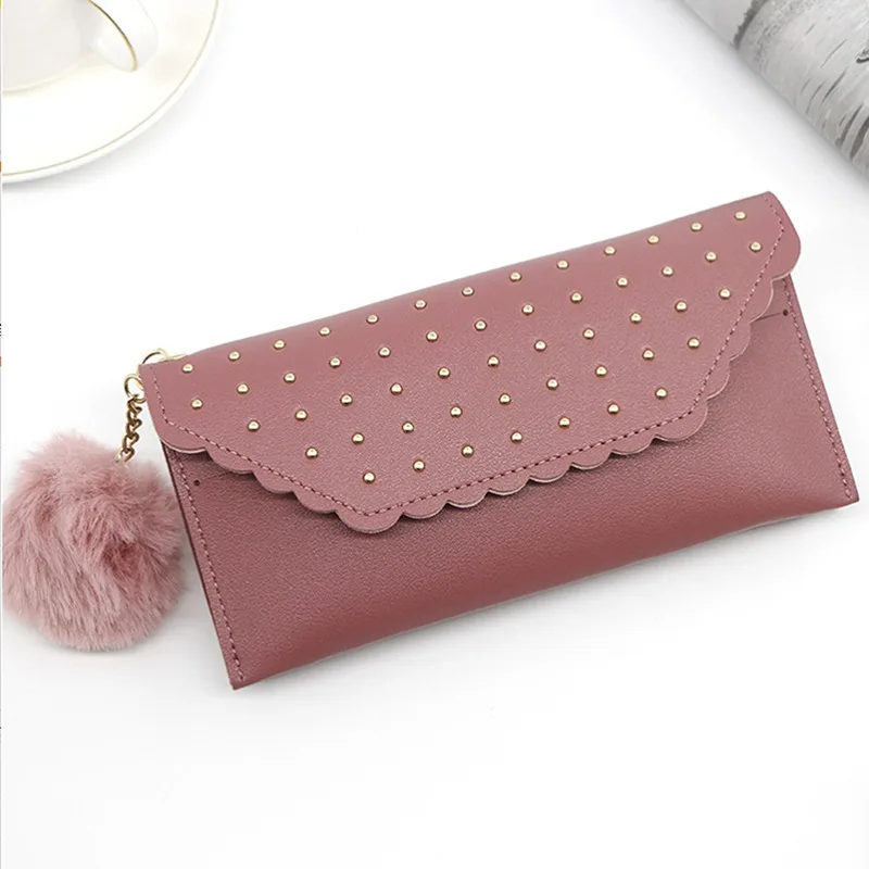 

Long Women Wallet Solid Color Rivet Clutch Bag Pu Leather Females Phone Bag Card Holder Cute Ball Tassel Coin Purse Girl Wallets