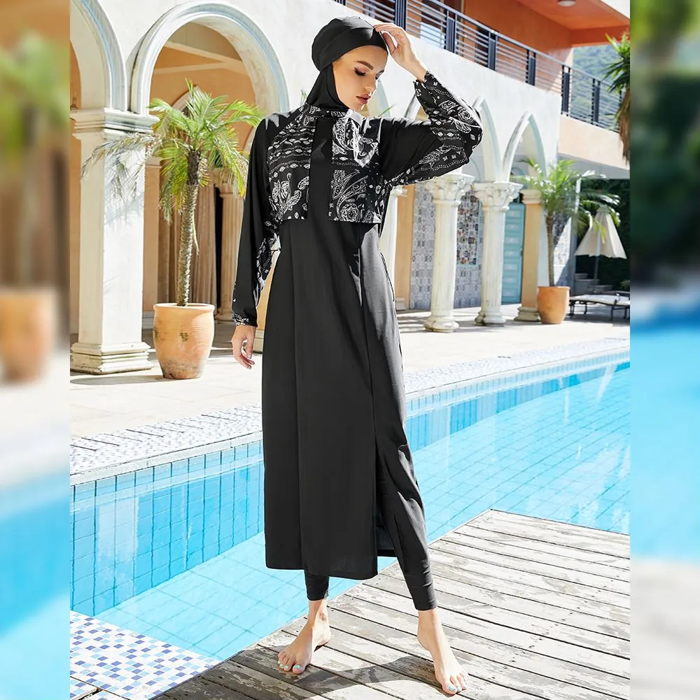 Женский купальник с полным покрытием, длинное платье для плавания, комплект хиджаба и брюк Burkini, скромный купальный костюм