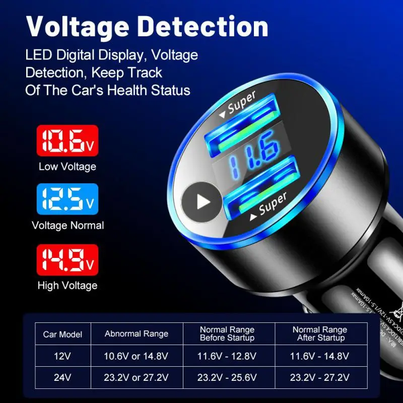 

Portable Car Charger Adapter 10a Dual Port Car Phone Adapter Usb Digital Display Car Charger Practical Car Supplies