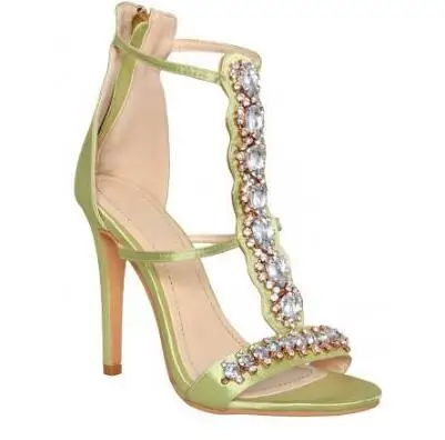 

Newest Lady's Green Bling Diamonds T Strap Narrow Bands Peep Toe Summer Sandals Woman Sexy Zipper Back High Heel Party Shoes