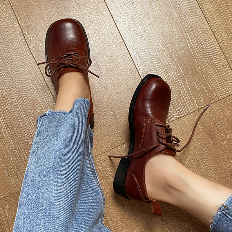 

Новинка Осень 2023 кожаные туфли на шнуровке Heihaian с круглым носком на низком каблуке в стиле ретро Обувь для женщин