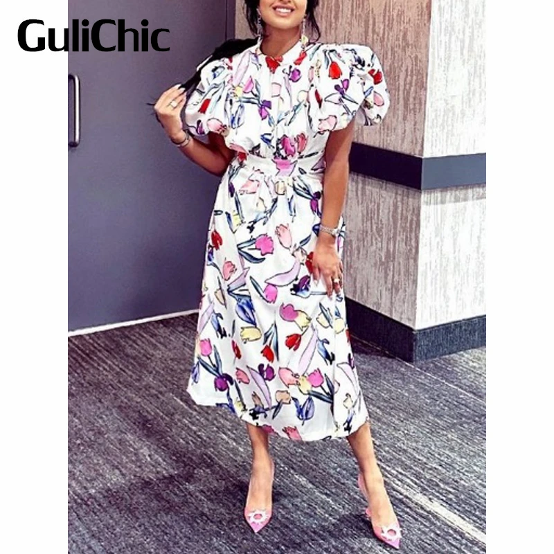 

3.4 GuliChic Women Holiday Temperament Colour Floral Print Stand Collar Puff Sleeve Collect Waist Backless Dress