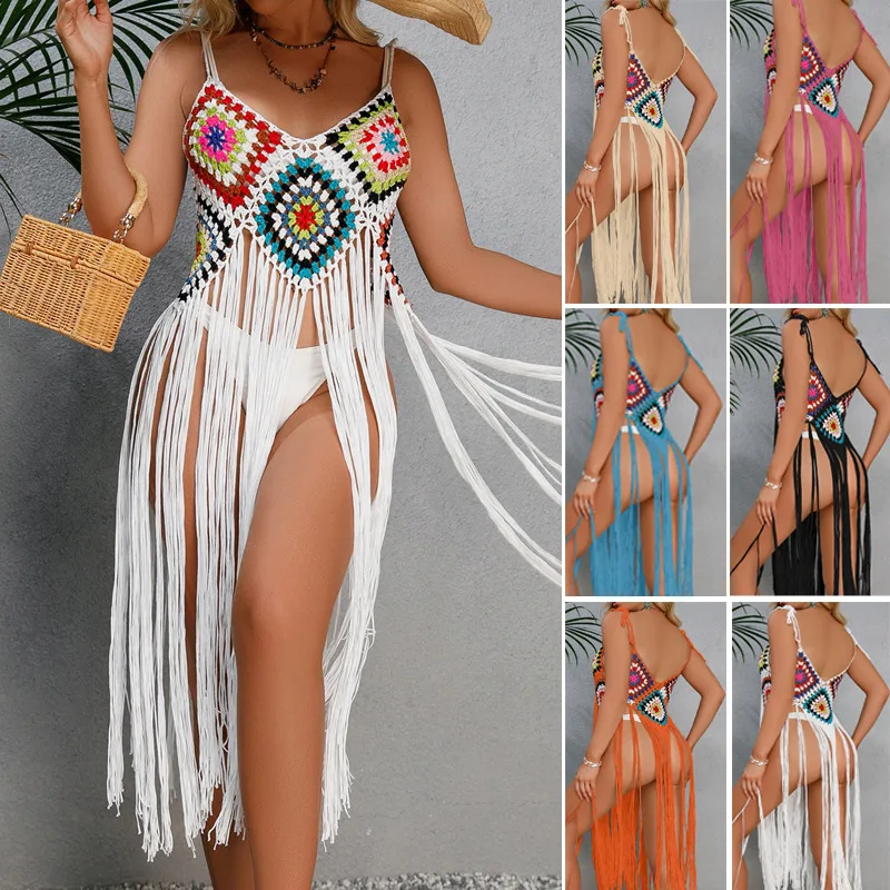 

2023 Women Sexy Hook Tassel Beach Midi Dress Floral Beach Bikini Cover Up Ups Women's Summer Swimwear Swimsuit Woman Beachwear