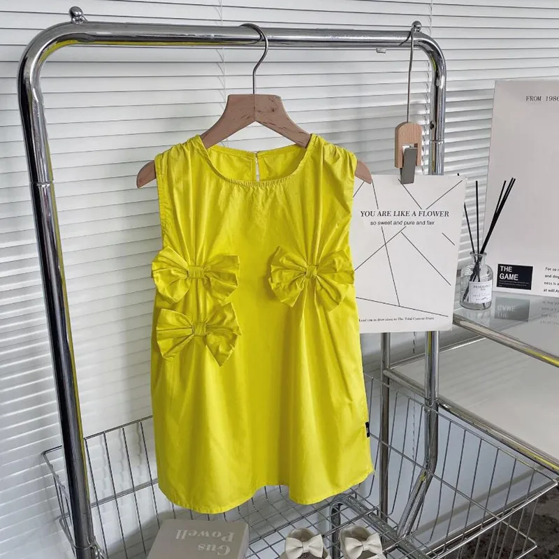 

Baby Girls Sleeveless Vest Dress Summer New Korean Cute Bow Round Collar Casual Loose Daily Dresses y572