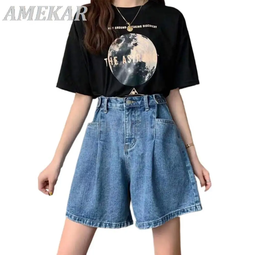Women Casual Simple Thin High Waist Denim Shorts All-match Straight Wide-leg Hot Pants Lady 2023 Summer New Fashion Short Jeans