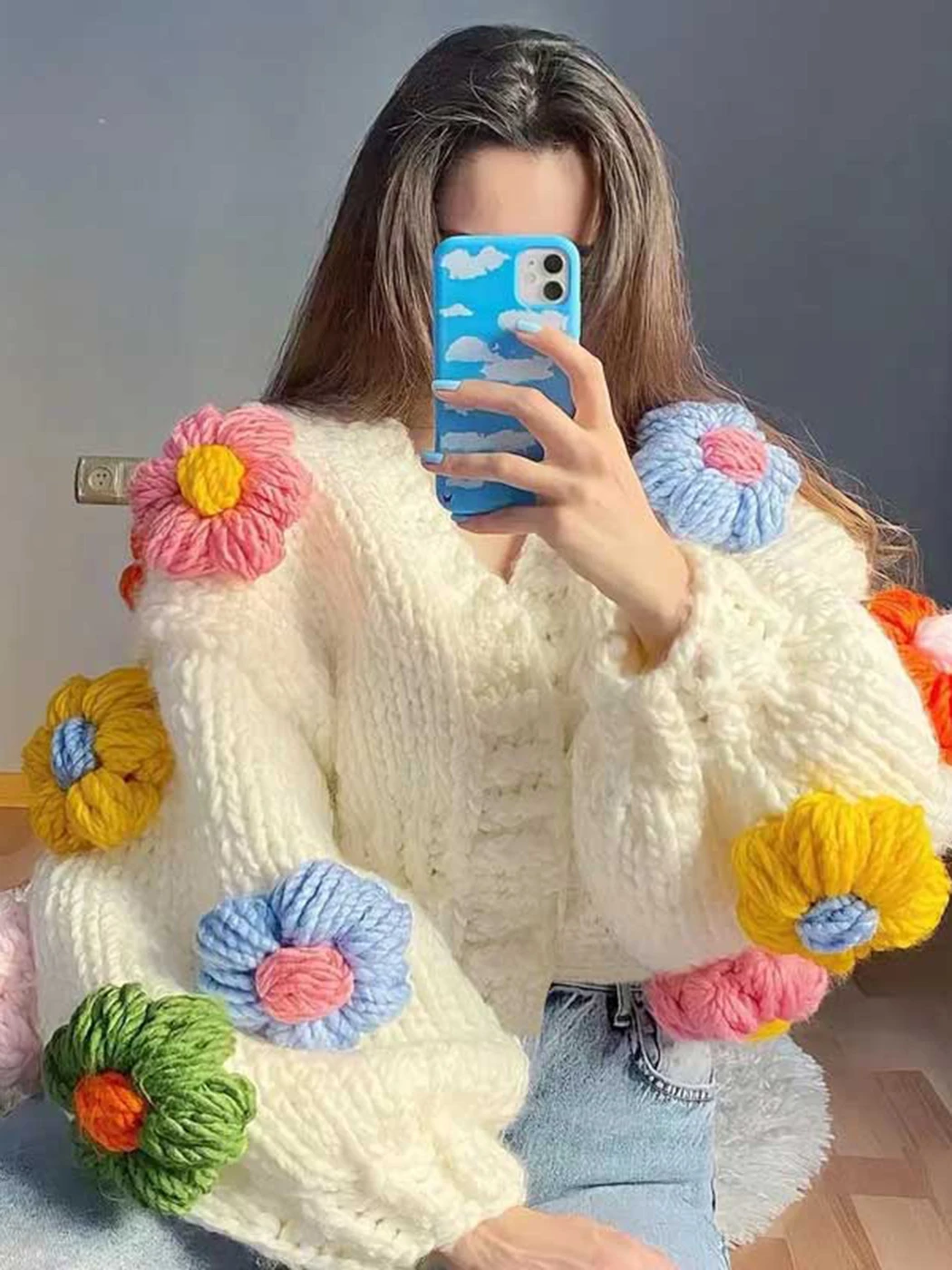 Jastie 2022 Winter Women's Cardigans Multicolor Floral Knitted Decoration Long Sleeve Loose Coats Warm Sweaters 3 Colors