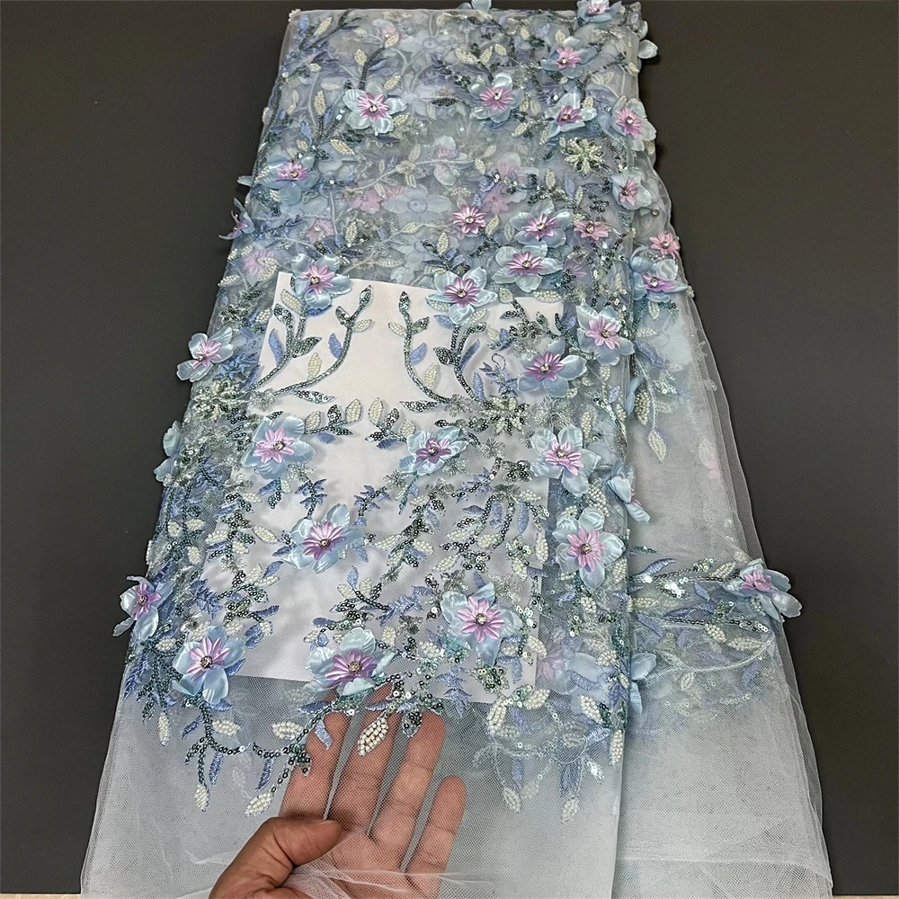 

2023 High Quality African Nigerian Tulle Lace Fabric Sequins Embroidery Elegant French Guipure Wedding Party Dress Beaded 5Yards