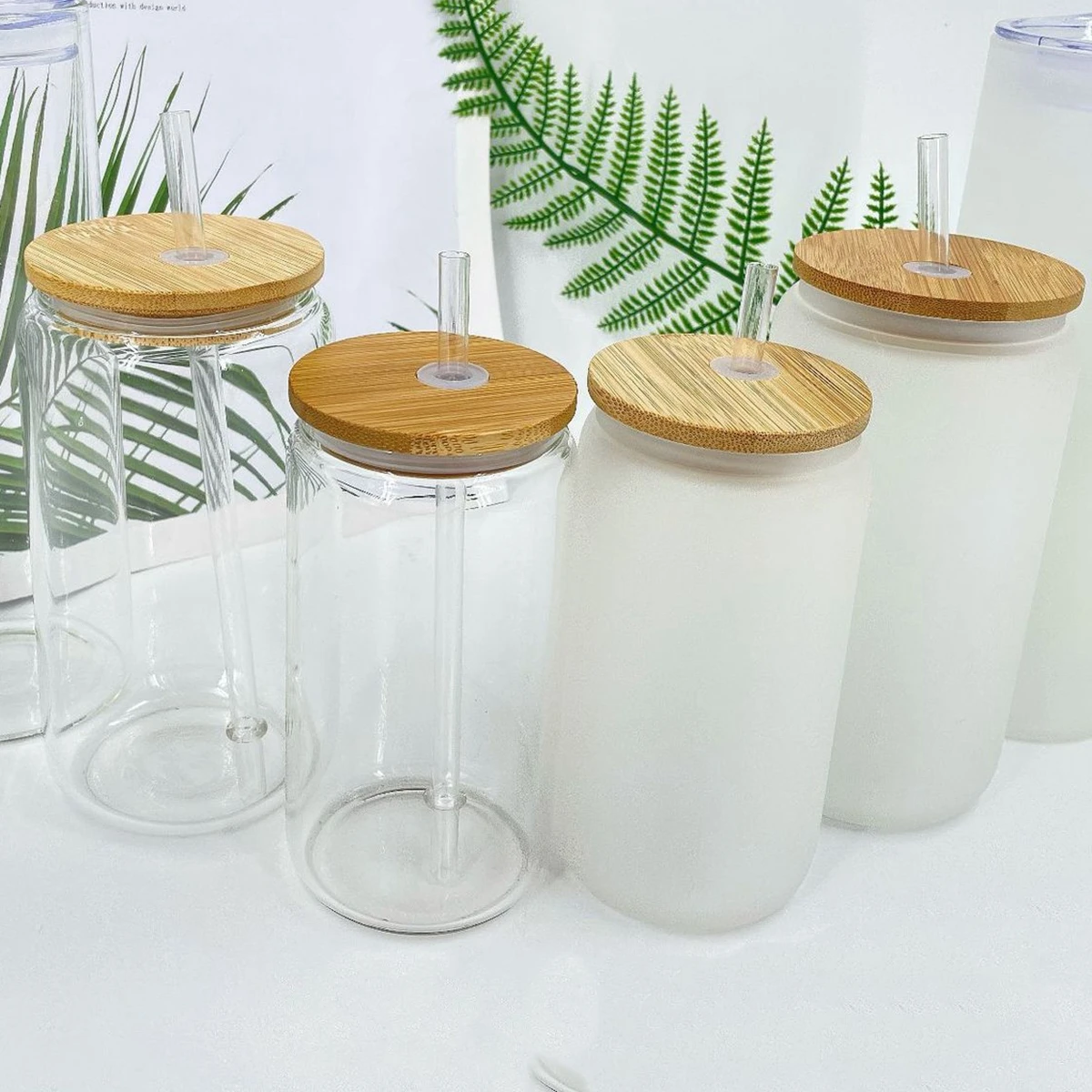 

Glasses Cup with Bamboo Lid and Glass Straws Beer Can Glass Ice Coffee Glasses Wine Cups Set Frosted Coke Glass Cup Drinkware