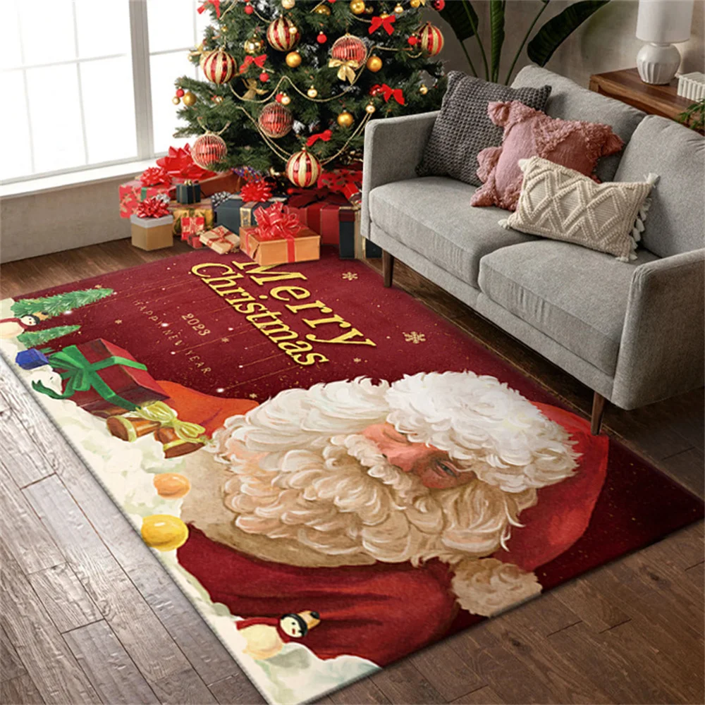 

Red Christmas Carpet for Living Room Funny Festival Decorations Anti-skid Floor Rugs Santa Claus Elk Carriage Gift Small Mats