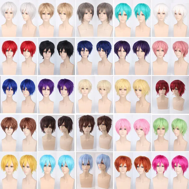 28CM Men's  Short Fluffy Red Silver Gray Golden Yellow Green Pink Purple Orange White Universal Bangs Cosplay Wig 29-56