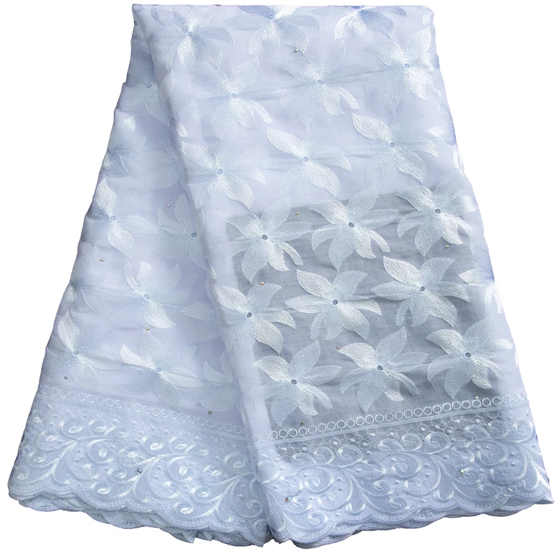 

Latest Nigerian Lace Fabric High Qulty White 2023 African Cotton lace Fabric With Rhinestone For Party Dresses 5 Yards F3238