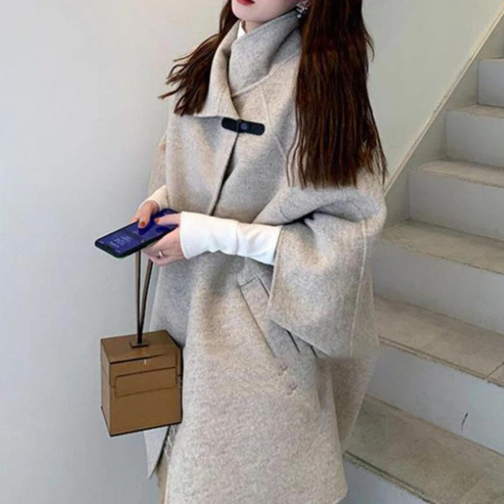 

Female Overcoat 2022 Autumn And Winter New Korean Women's Casual Mid-length Woolen Coat Bat Sleeve Cape Outwear Polyester Hot