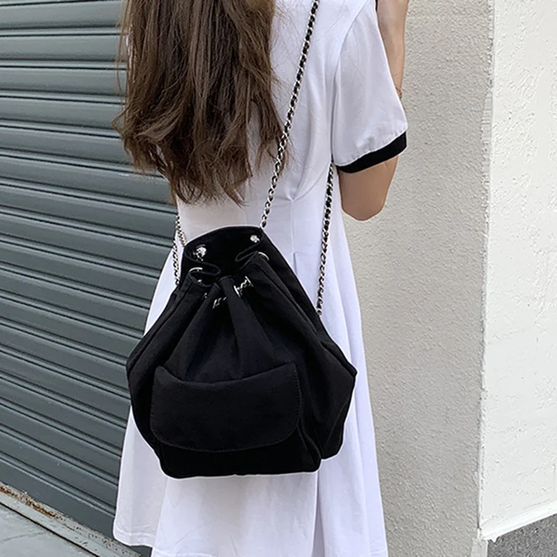 

Black Canvas Bag Chain Backpack 2023 Simple Casual Korean Style Drawstring Large Capacity Commuting Bucket Bag