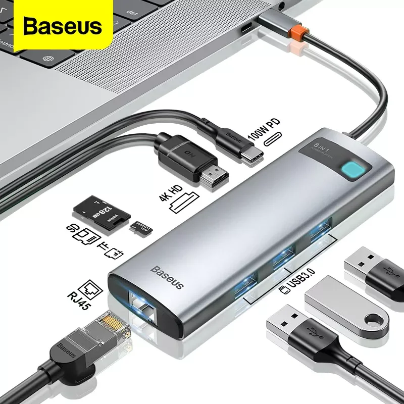 

Baseus USB C HUB to HDMI-compatibe Adapter RJ45 Card Reader USB 3.0 PD 100W Type C Docking Station For Macbook Pro Surface iPad