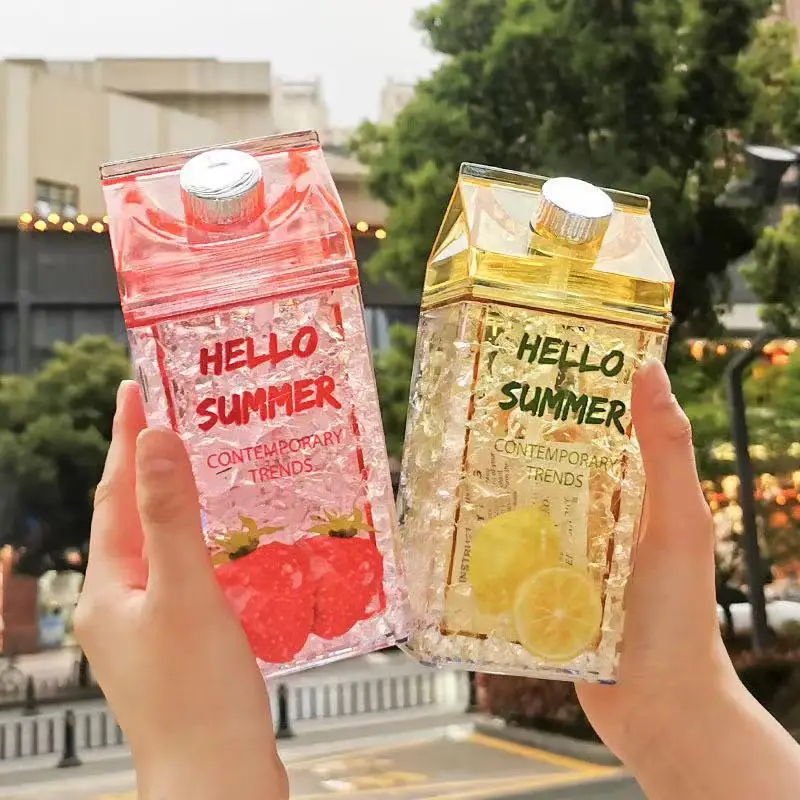 

Kawaii Juice Bottle with Straw Camping Double-layer Cold Ice Cup Creative Square Milk Box Cute Water Bottles for Girls BPA Free