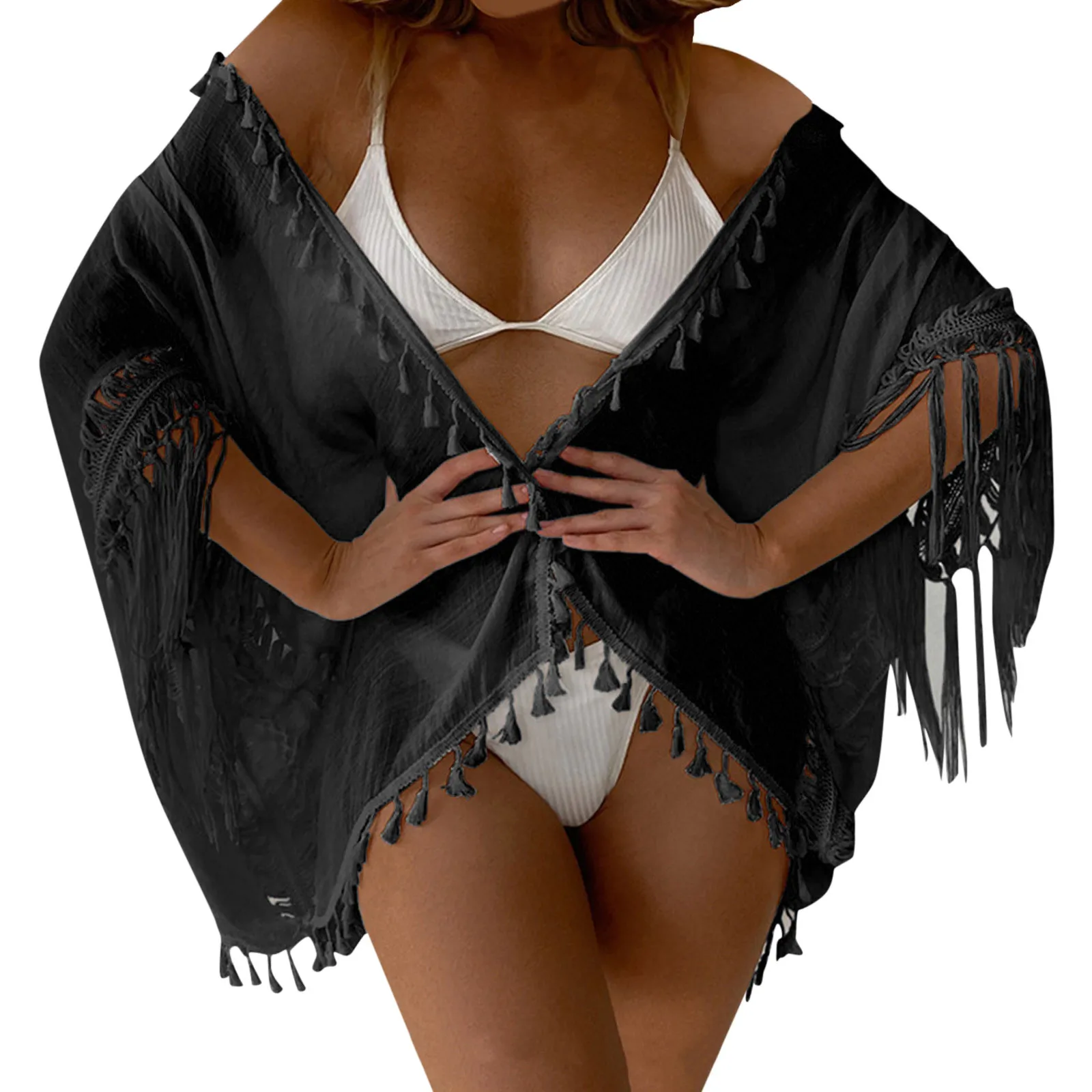 

Женский Повседневный однотонный пляжный кардиган с кисточками для отпуска, Солнцезащитный купальник, накидка, купальный костюм для малень...