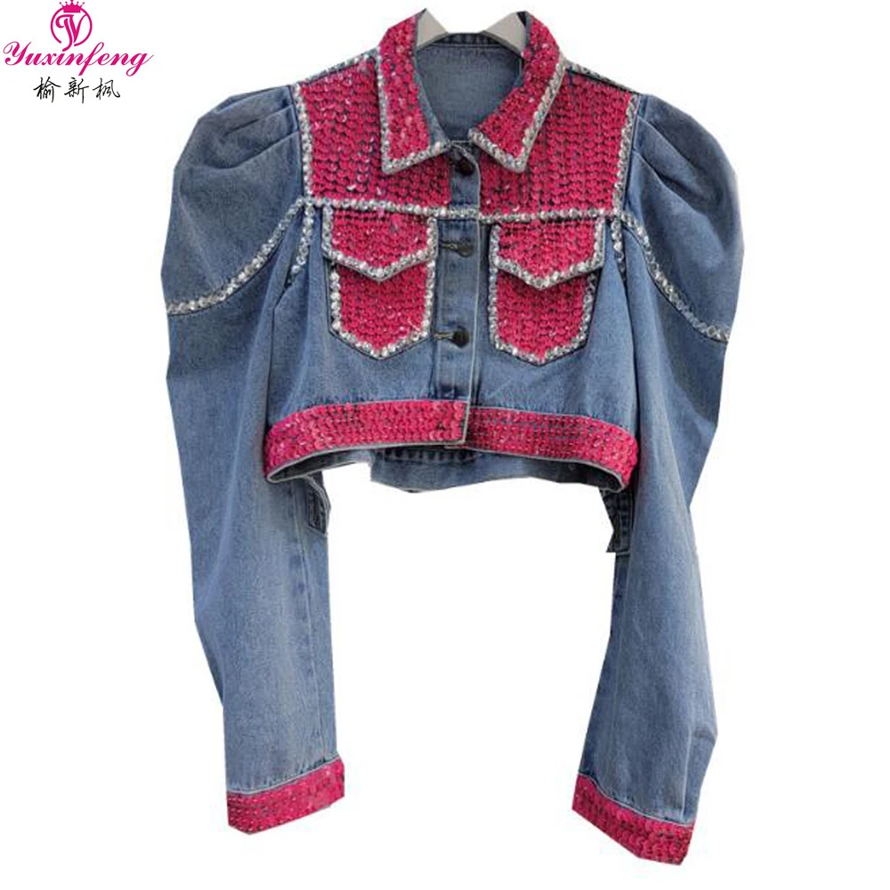 

Yuxinfeng Autumn 2022 New Denim Coat Women Streetwear Fashion Diamonds Beading Heavy Design Sequins Jacket Puff Sleeve Tops