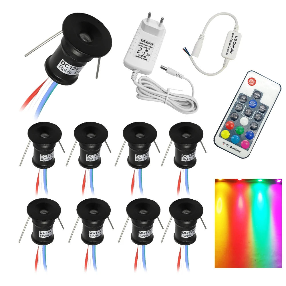 Фото Мини-RGB светодиодные прожекторы 1 Вт, встраиваемый потолочный светильник с регулируемой яркостью для дома, спальни, кухни, 15 мм, вырез, 12 В постоянного тока, красочная лампа №1