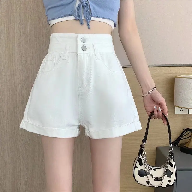 Sexy Denim Shorts For Women 2023 Summer New High Waisted Loose Shorts Double Button Cotton Shorts White Wide Leg Hot Pants S-5XL