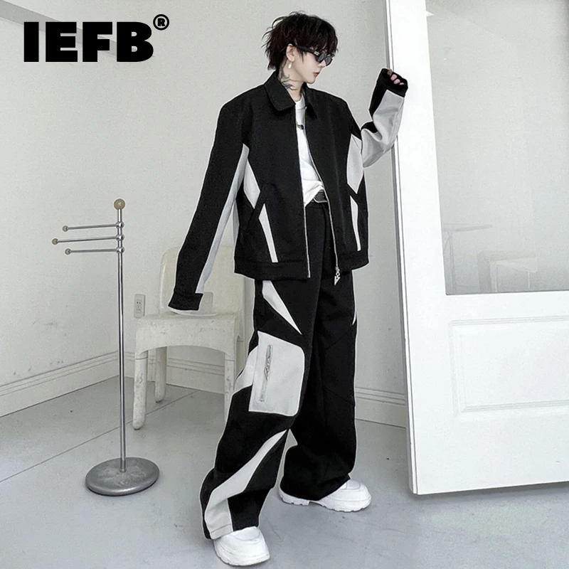 

IEFB Men's Set Geometric Structure Splicing Jackets Two Piece Contrast Color Casual Baggy Pants Loose Korean Style Suits 9C2056