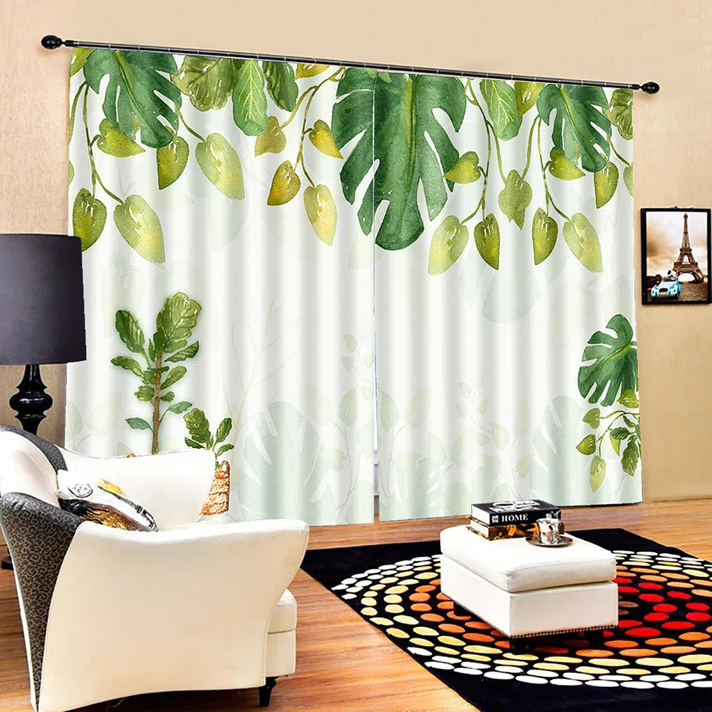 Тонкие оконные шторы из эвкалипта с изображением белых банановых листьев