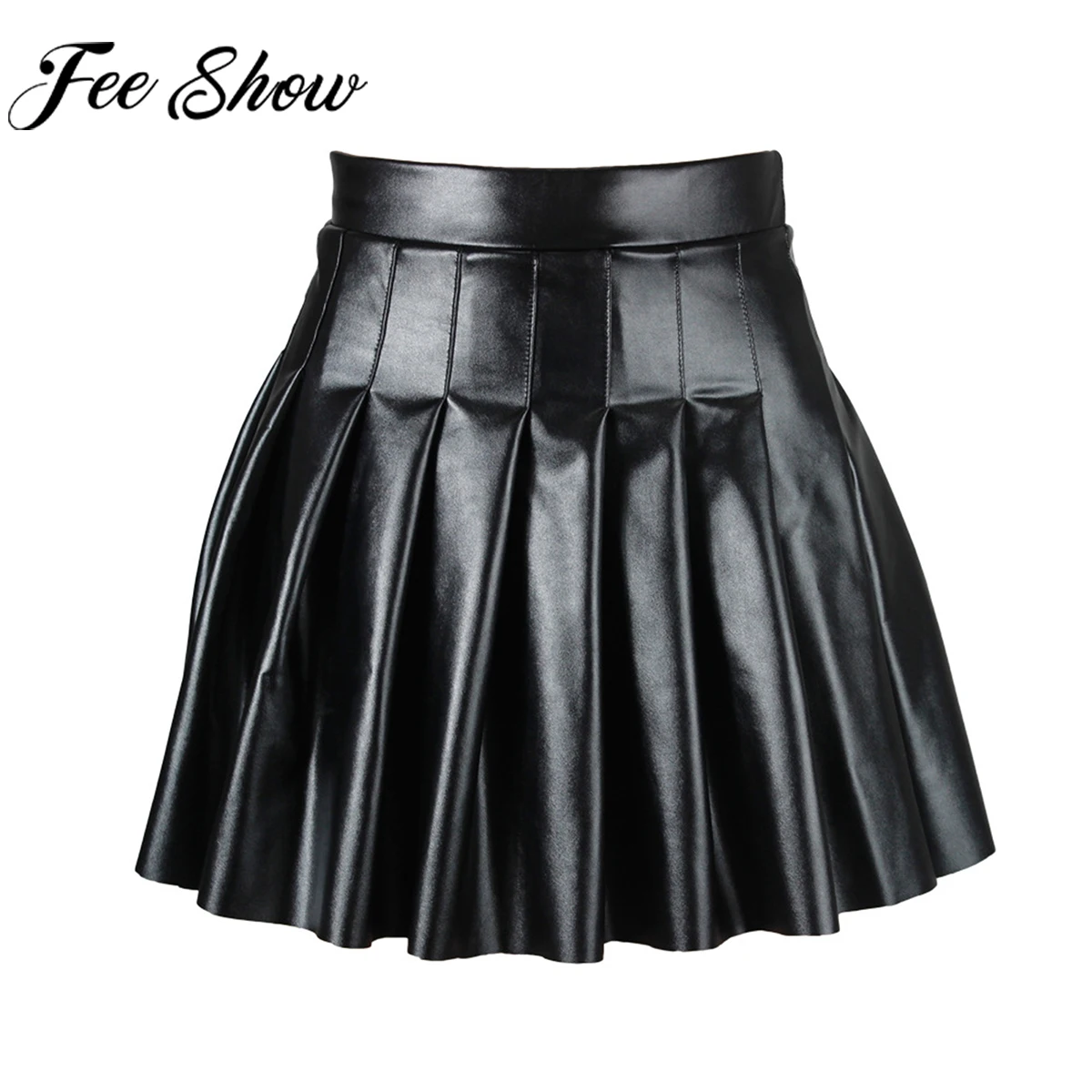 

Womens PU Leather Miniskirts Side Zipper High Waist Flared Pleated Latex A-Line Skirt Rave Dance Bottoms Sexy Clubwear Skirts