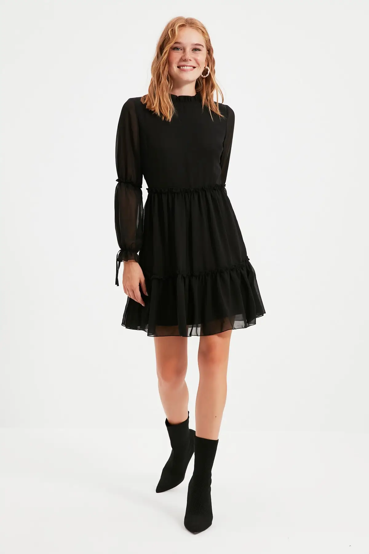 

Black Shirred Dress TWOAW20EL0345 Chiffon Long Casual Straight Regular Right Collar Mini Polyester Woven Standard Sleeve Lining