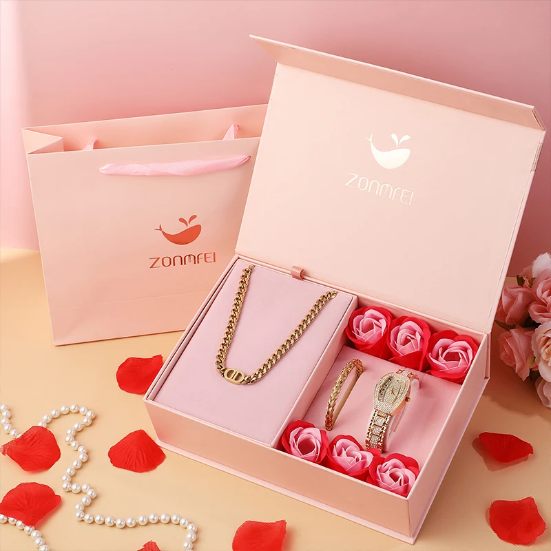 Lover's Gift Box Set Fashion Women's Quartz Watches Diamond Watch Dial+Bracelet+Necklace Stainless Steel Jewelry Gift Set 3Pcs