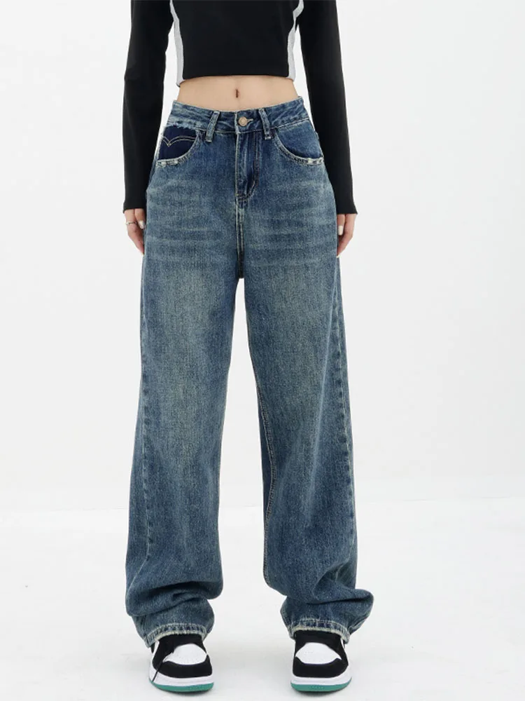 

Синие джинсы в Корейском стиле, женские хлопковые брюки с высокой талией и широкими штанинами, новинка 2022, свободные женские брюки, модные повседневные штаны в стиле Харадзюку