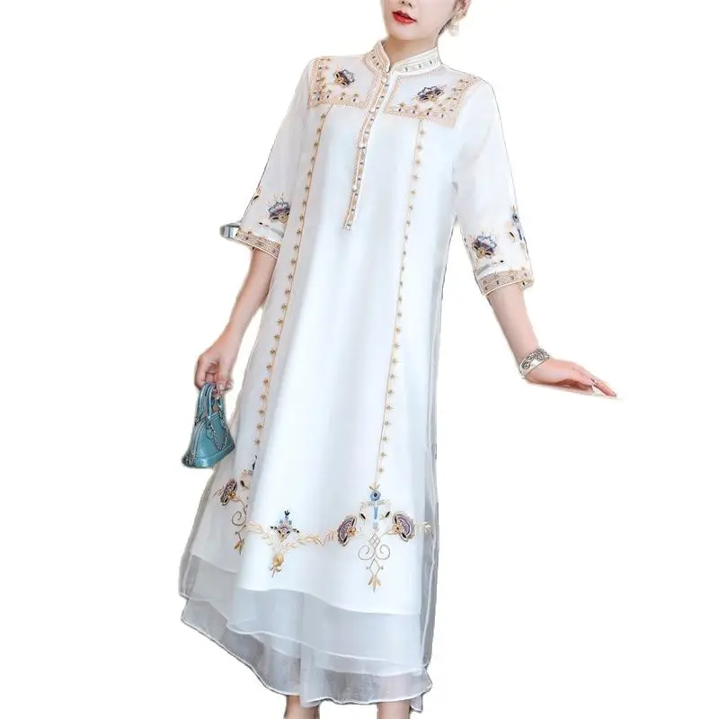 

Осень 2022, Ципао в национальном стиле, улучшенная версия платья с вышивкой, женское чайное платье в национальном стиле, длинная юбка с вышивкой X