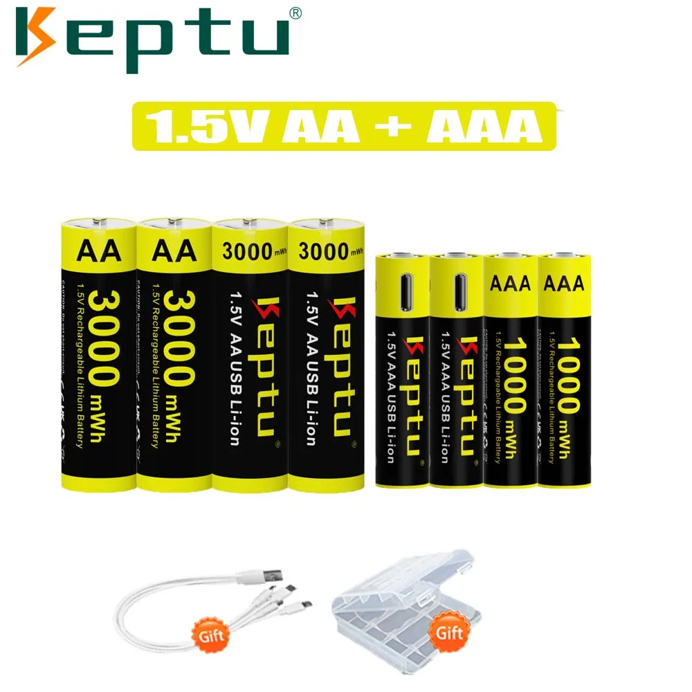 

Keptu 1.5V AAA + AA Rechargeable Battery TYPE-C Charging 1.5V AA AAA Batteries For Toy car Mouse Camera with TYPE-C Cable