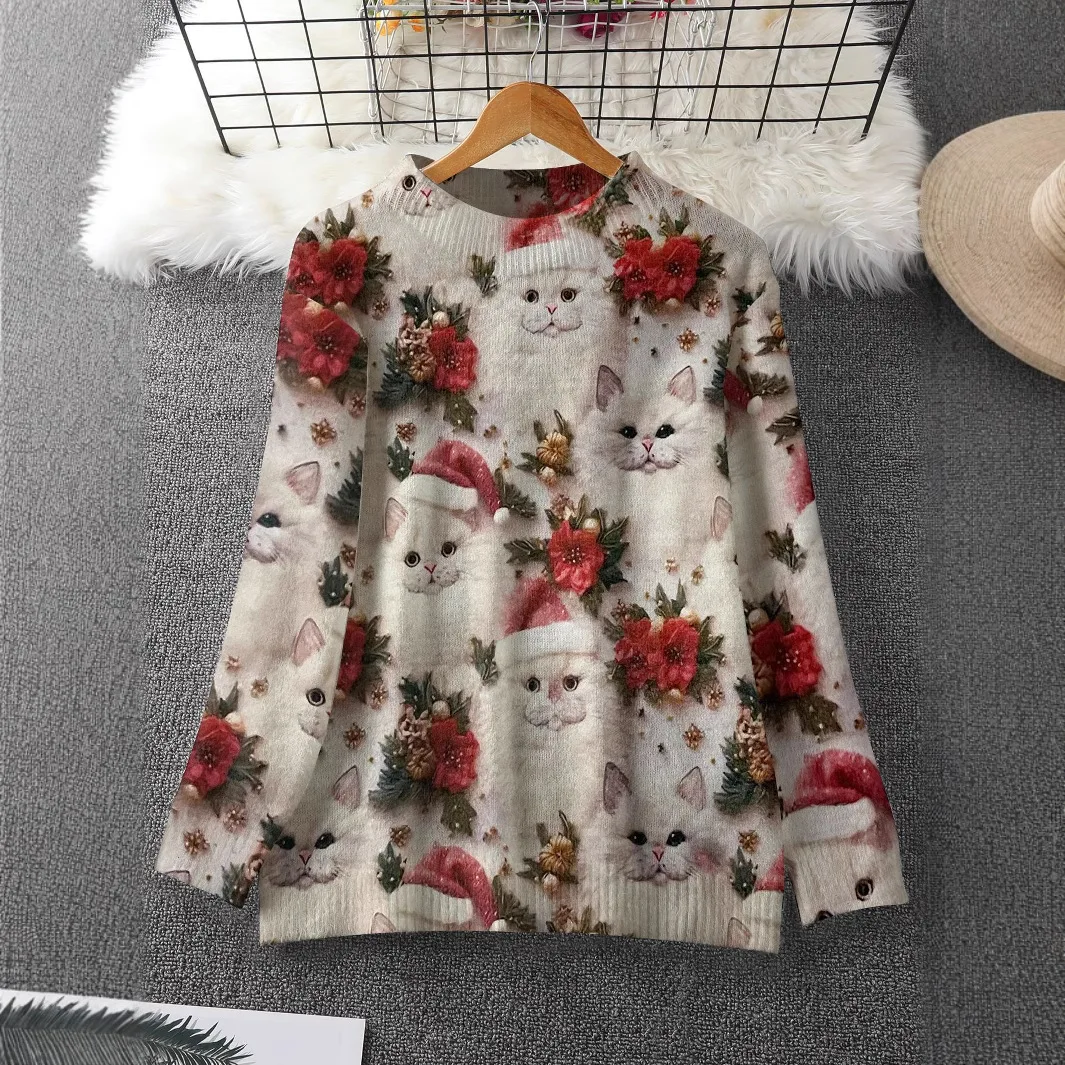 Рождественский вязаный пуловер с котом свитер для женщин круглый вырез длинный