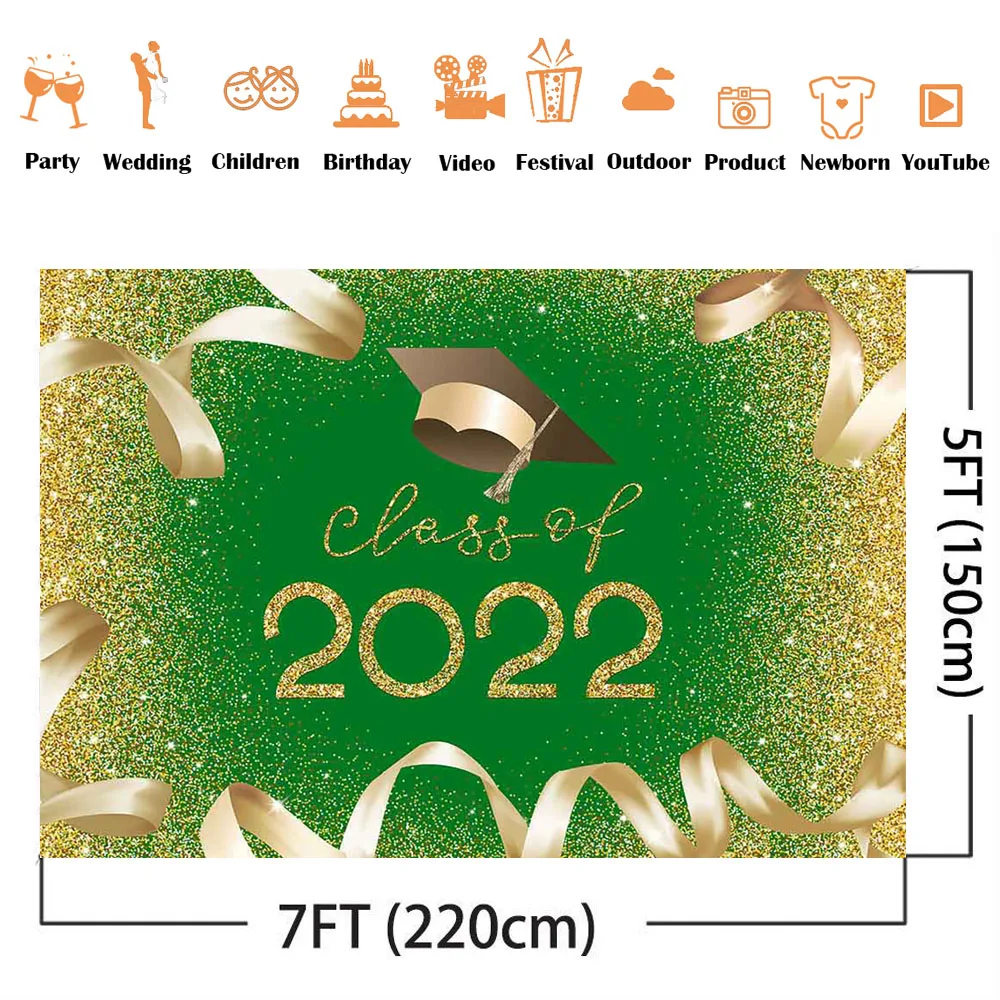 Зеленый Выпускной фон для фотографии класс 2022 золотой блестящий день рождения