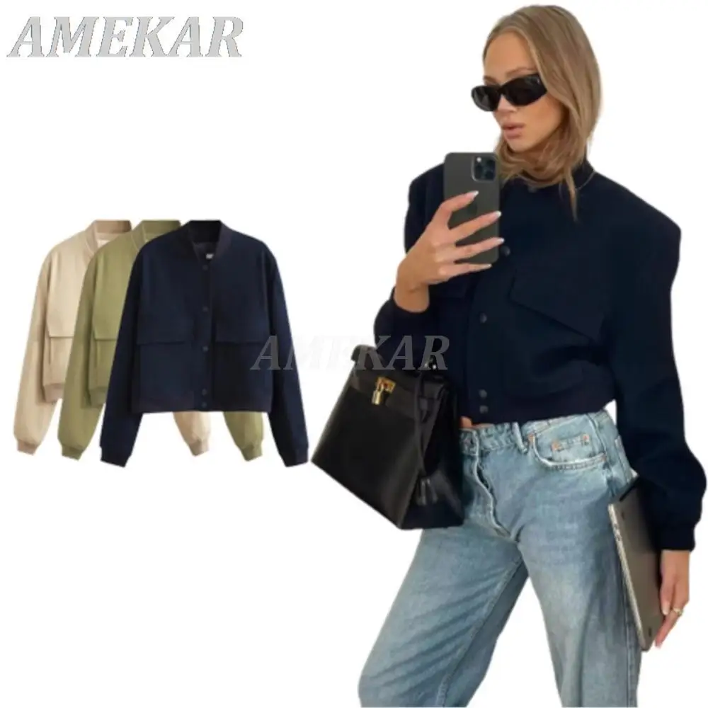

Bombers Jacket Coat For Women Fashion Cropped Outwear Armygreen Long Sleeve Coat With Pocket Lady Solid Jacket Navy Blue Jacket