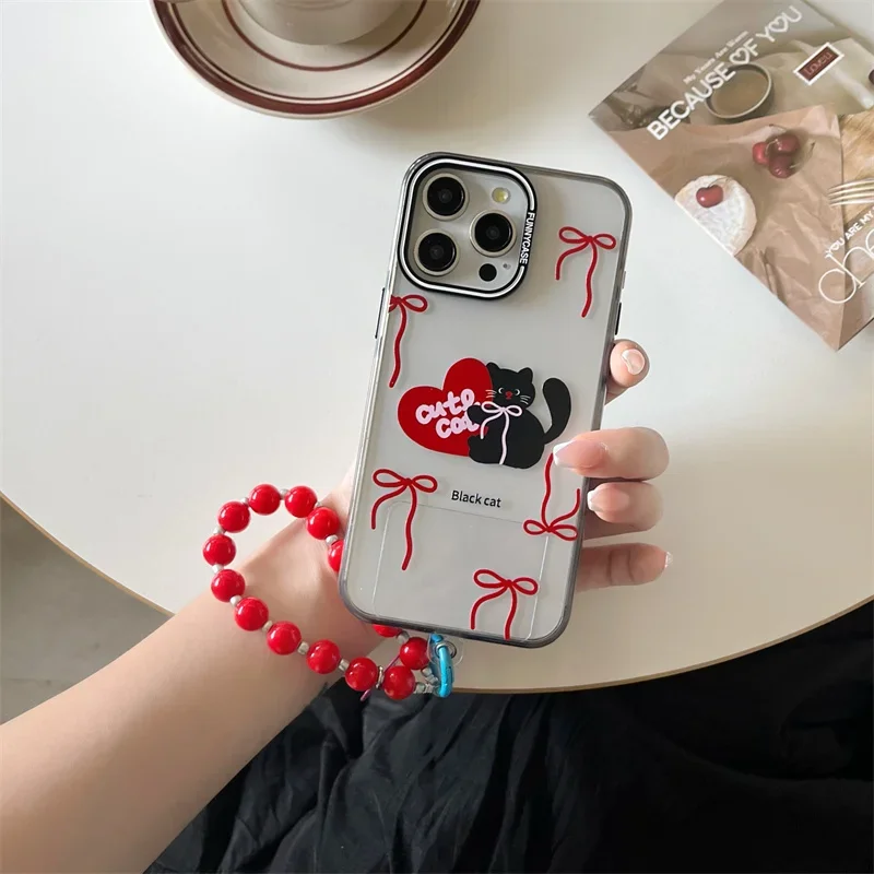 Фото Чехол для телефона с милым мультяшным черным котом и бантиком для iPhone 15 Pro 13 14 Pro Max, защитные чехлы с цепочкой из бисера для 13pro 15 Kawaii №4