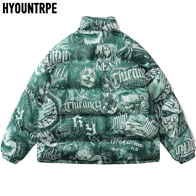 Mens Hip Hop Reversible Jacket Casual Winter Thick Warm Harajuku Punk Gothic Print Bomber Coats Cotton Padded Winter Warm Zipper