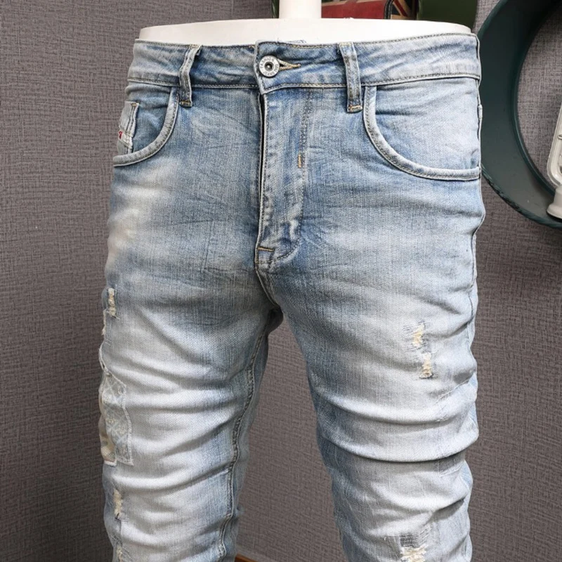 Vintage Fashion Men Jeans Retro Light Blue Stretch Slim Fit Ripped Jeans Men Elastic Trousers Patched Designer Pants Hombre