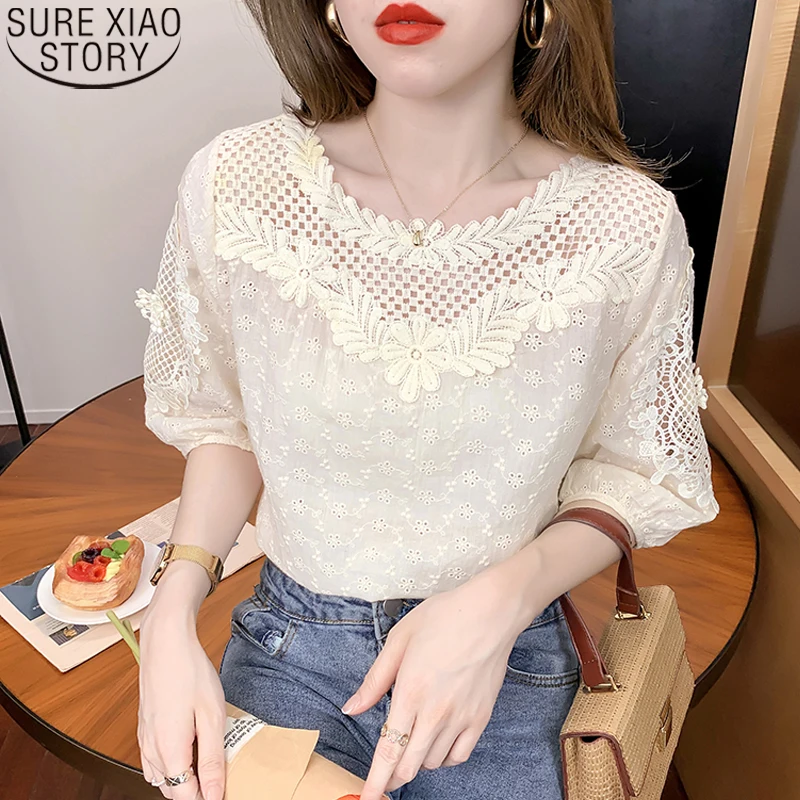 

Кружевная рубашка абрикосового цвета, женские топы, летняя блузка, новинка 2022, модная Милая одежда во французском стиле с полурукавом и круг...