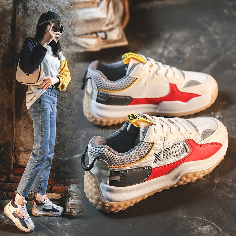 

2022 Breathable Mesh Women's Casual Shoes Thick Bottom Increased Fashion Trend Shoes Color Combination Lace-up Sneakers Women