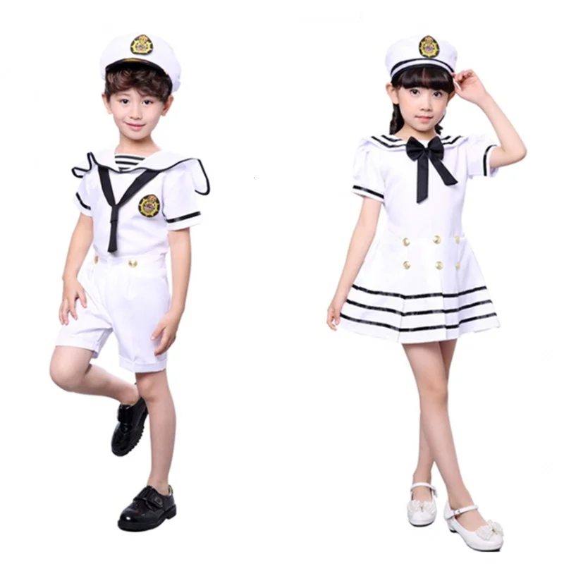

90-170CM Kids Costumes for Navy Sailor Uniform Halloween Cosplay Girls Party Performance Boys Marines Fleet Clothing with Hat