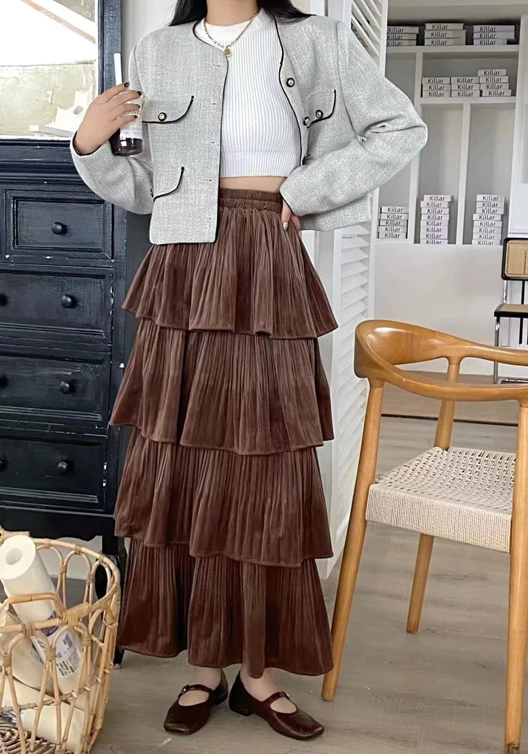 Новинка 2023 осенне-зимняя женская юбка с завышенной талией яркая теплая бархатная