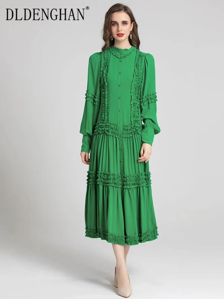 

DLDENGHAN Women Dress Square Collar Lantern Sleeve Ruffle Sashes Single Breasted Vintage Midi Dress Fashion Designer Summer New