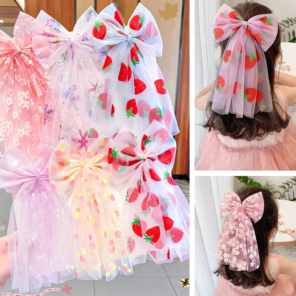 

New Girls Beautiful Chiffon Bow Print Flower Strawberry Hairpins Headband Kids Sweet Hair Decorate Clip Fashion Hair Accessories