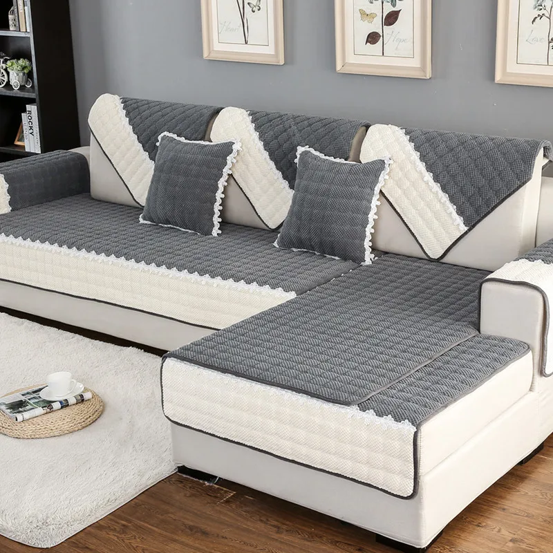 

Thick Corduroy Seaters Towel Patchwork Lace Decor Living Room Plush Sofa Cover Super Soft Non-slip Furniture Protector