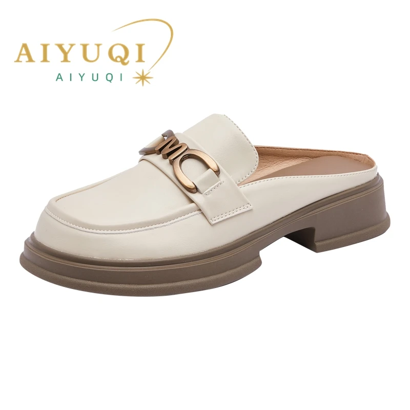 

AIYUQI Mules Shoes Women Summer Genuine Leather Half Sipper Women Horsebit Buckle Lazy Casual British Style Loafers Women