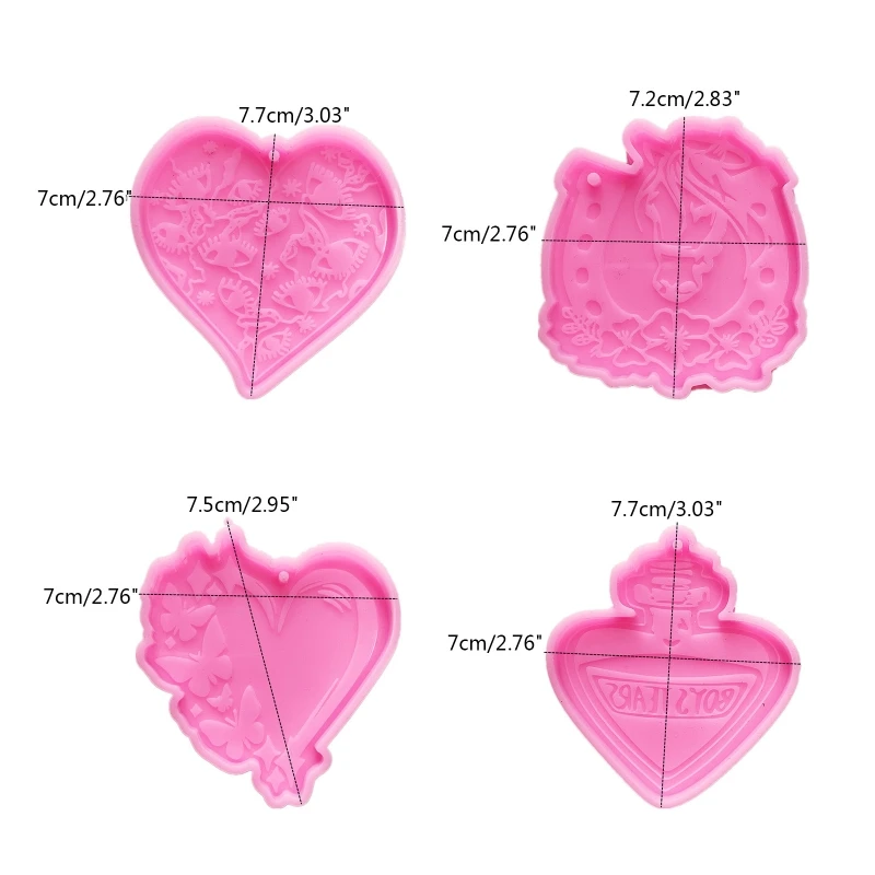 

R3MC 4 Pcs Various Patterns Keychain Silicone Mold with Hole Keyring Pendant Handmade Mold Valentine's Day Birthday Gift