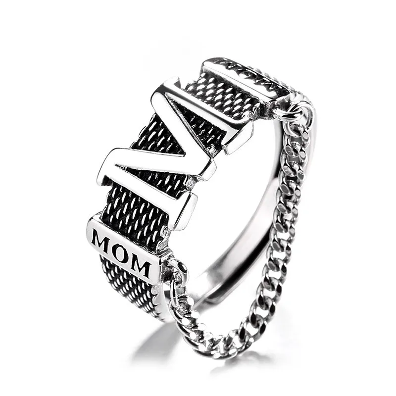 

327J ZFSILVER Silver S925 Fashion Adjustable Retro Luxury Creative Chain Sweet Letter M MOM Rings Girl Men Women Wedding Jewelry