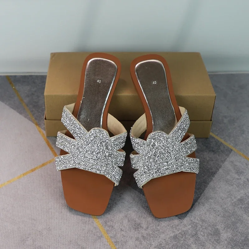 Женские блестящие золотистые сандалии модные шлепанцы на плоской подошве со