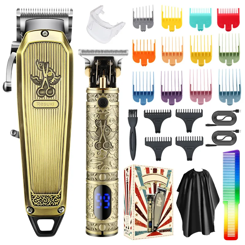 New Professional electric hairdresser LCD high-power engraving push white electric push shear two in one combination suit